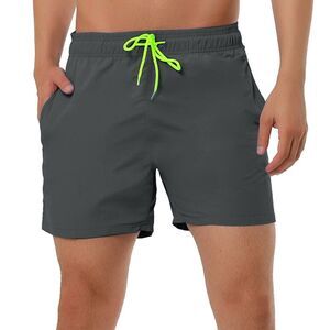 Men's Summer Beach Solid Color Mesh Lining Drawstring Waist Swim Shorts Gray